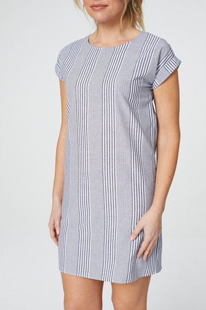Navy | Vertical Stripe Cap Sleeve Shift Dress