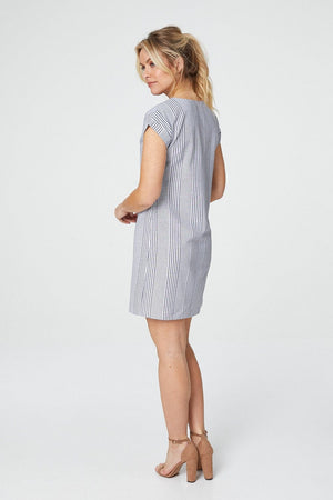 Navy | Vertical Stripe Cap Sleeve Shift Dress