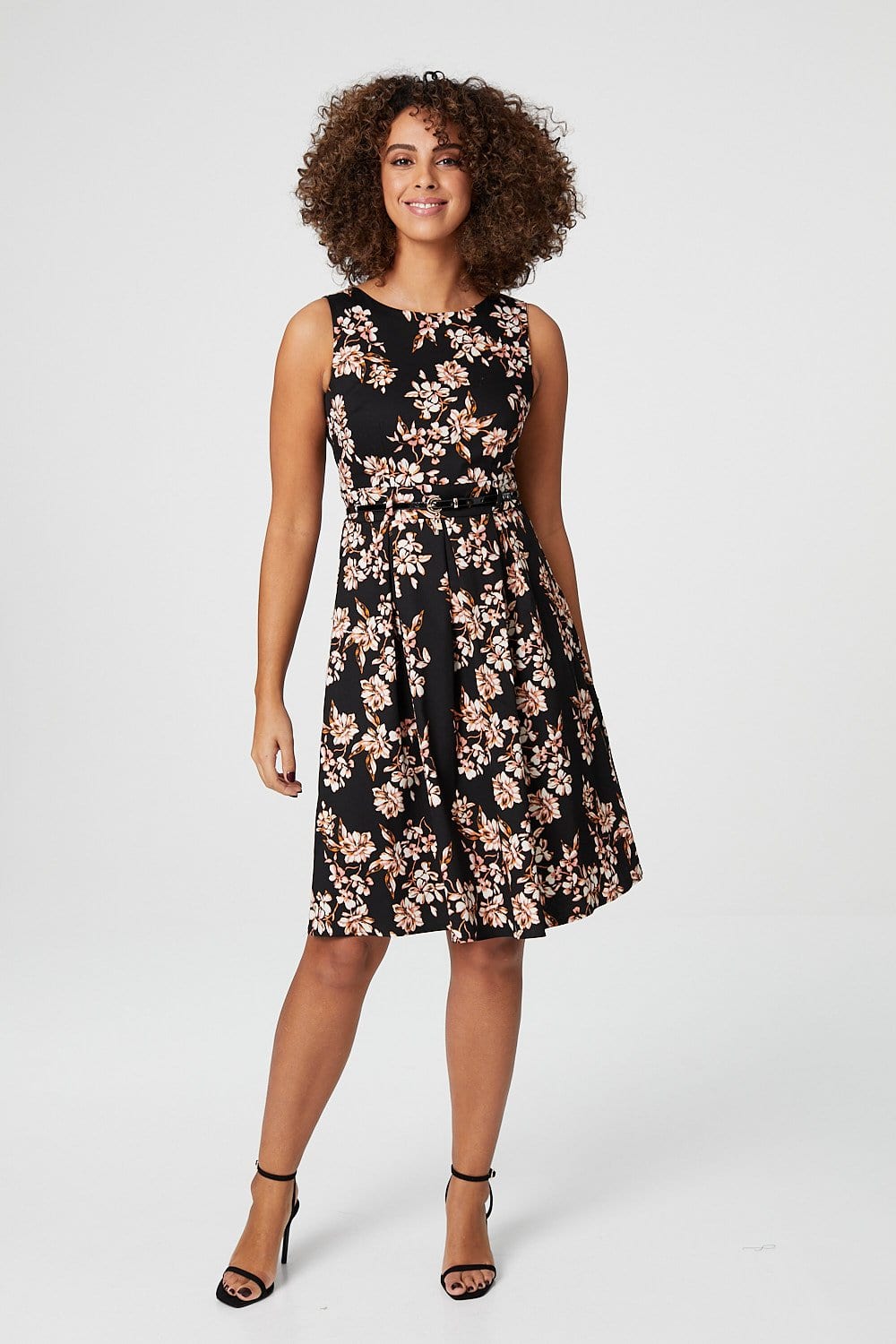 Orange | Floral Sleeveless Skater Dress