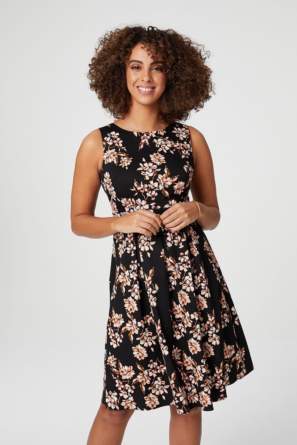 Orange | Floral Sleeveless Skater Dress