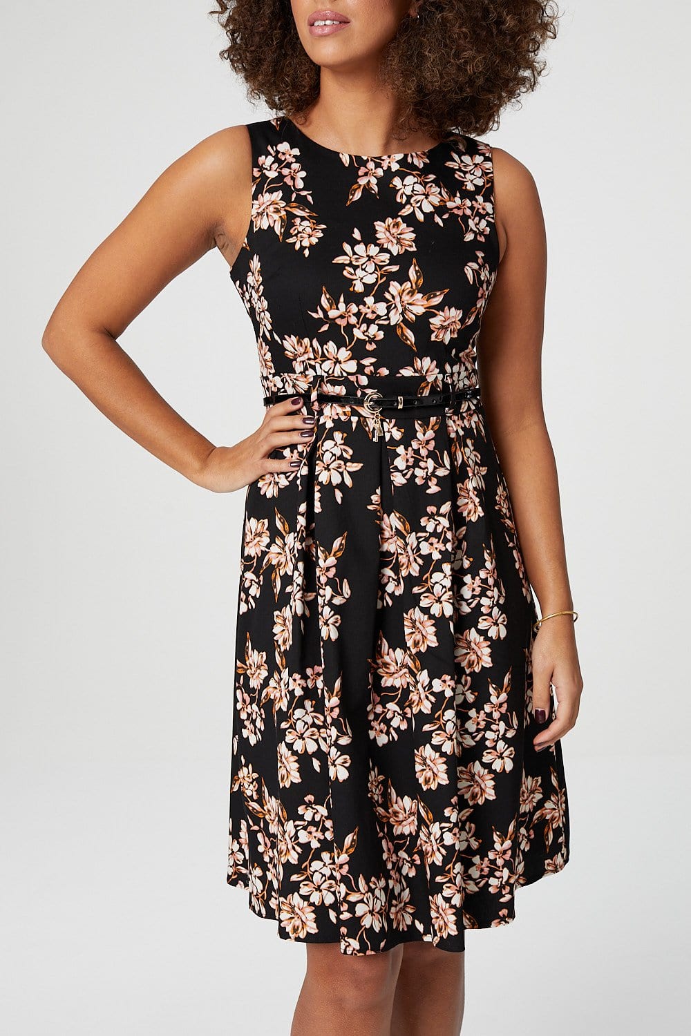 Orange | Floral Sleeveless Skater Dress