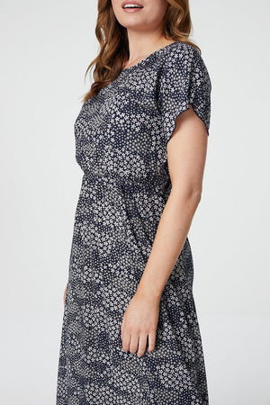 Navy | Floral Round Neck Midi Dress