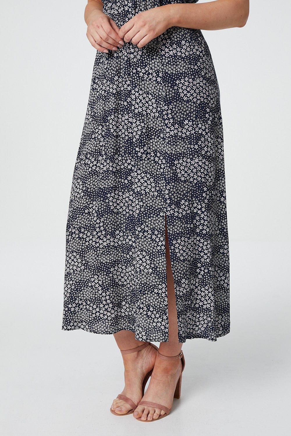 Navy | Floral Round Neck Midi Dress