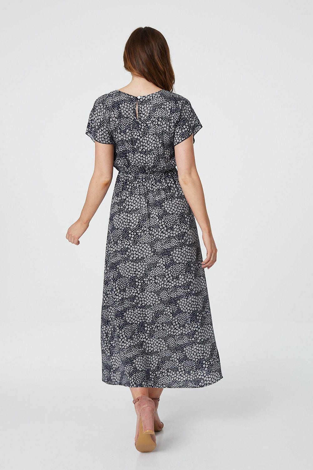 Navy | Floral Round Neck Midi Dress