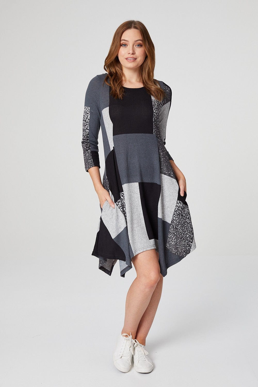 MULTI GREY | Colour Block Hanky Hem Swing Dress