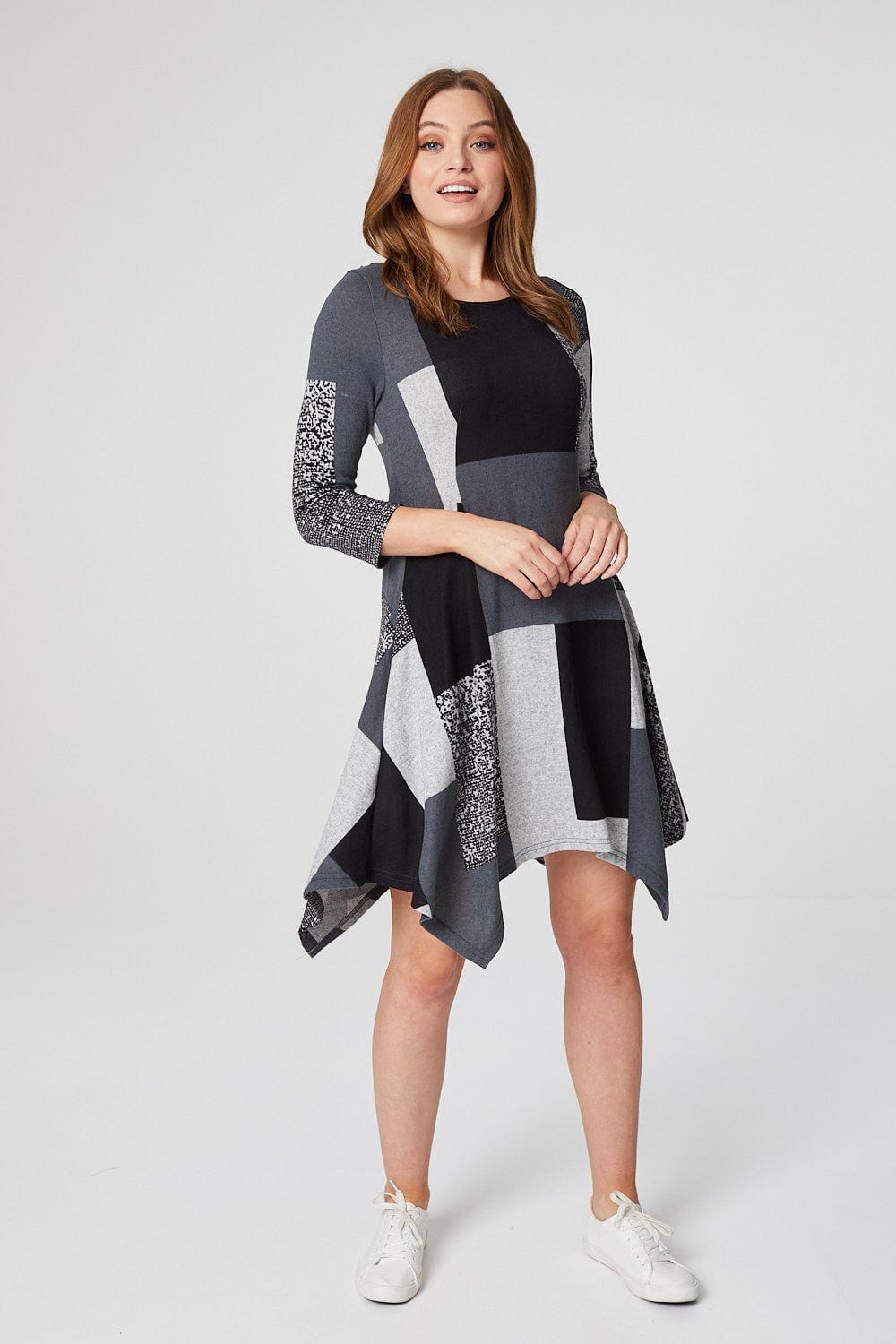 MULTI GREY | Colour Block Hanky Hem Swing Dress
