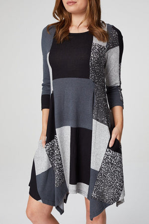MULTI GREY | Colour Block Hanky Hem Swing Dress