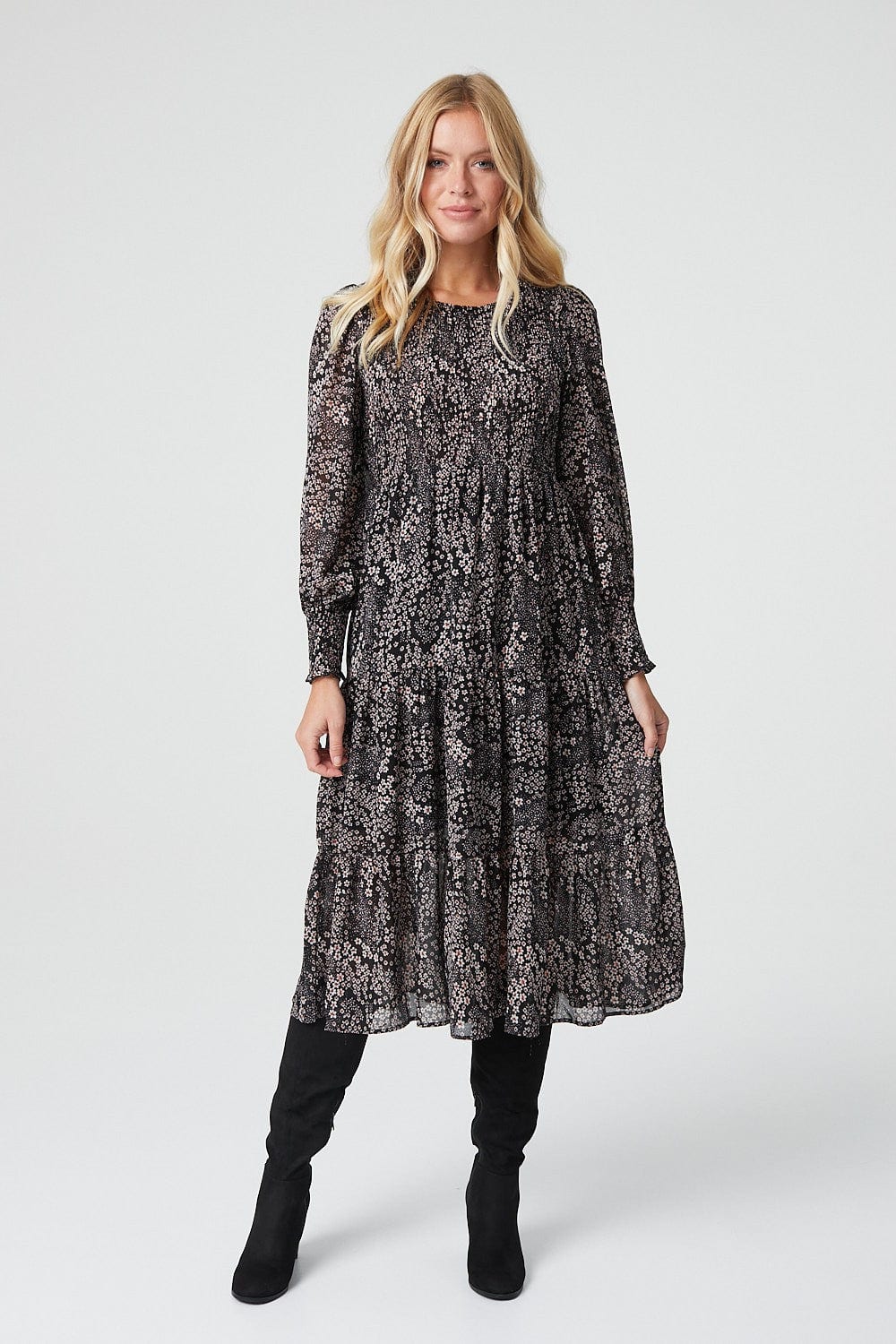 Black | Ditsy Floral Long Sleeve Midi Dress