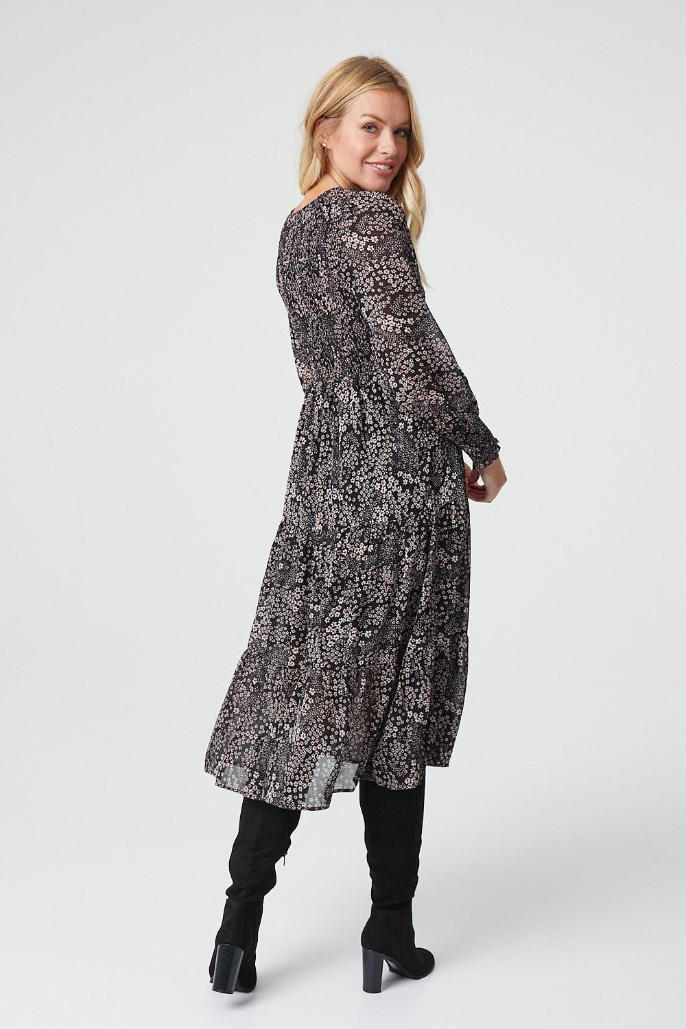 Black | Ditsy Floral Long Sleeve Midi Dress