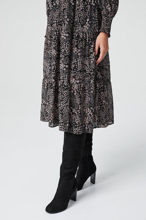 Black | Ditsy Floral Long Sleeve Midi Dress