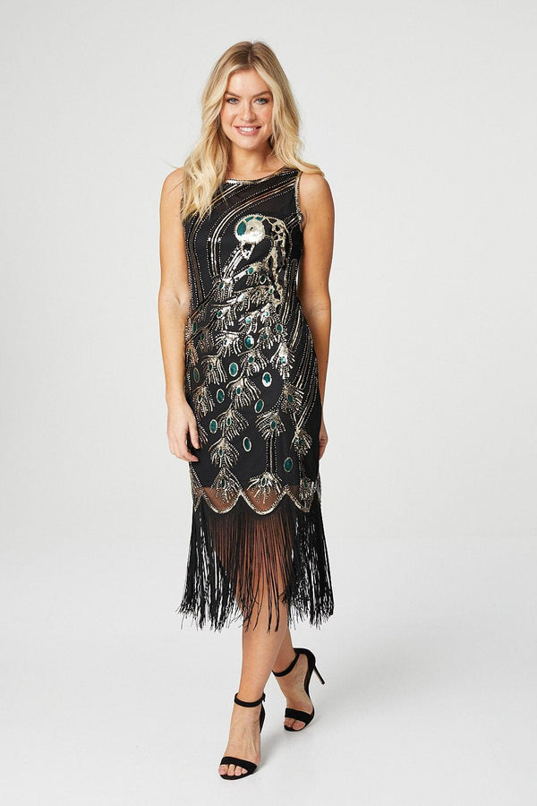 Black | Peacock Embellished Flapper Dress