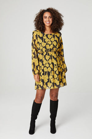 Mustard | Floral Power Shoulder Skater Dress