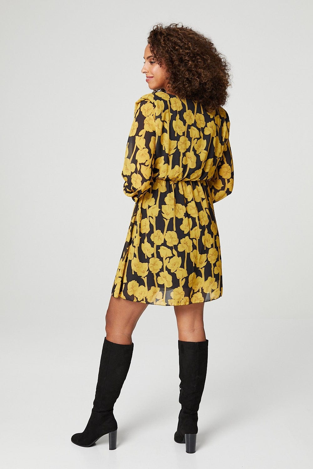Mustard | Floral Power Shoulder Skater Dress