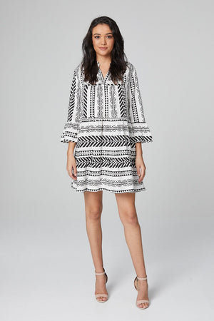 White | Tribal Print Tiered Smock Dress