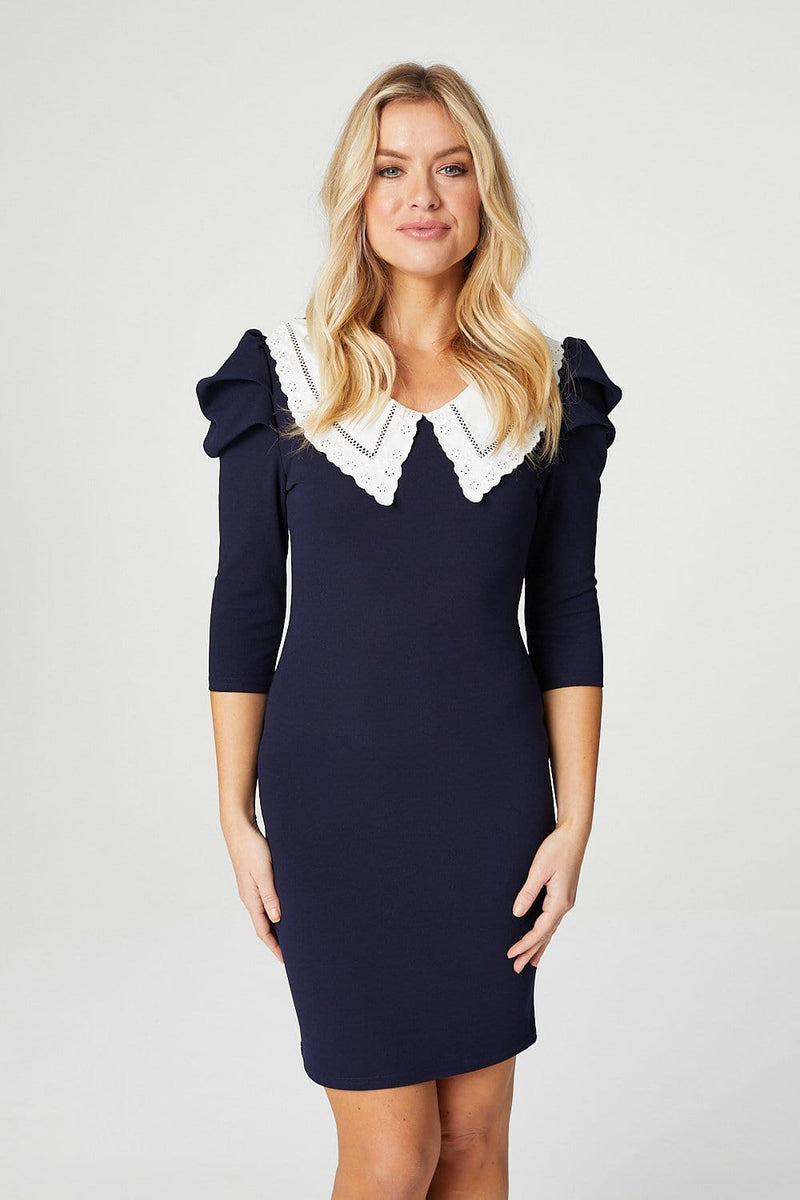 Navy | Embroidered Collar Bodycon Dress