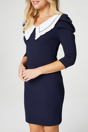 Navy | Embroidered Collar Bodycon Dress