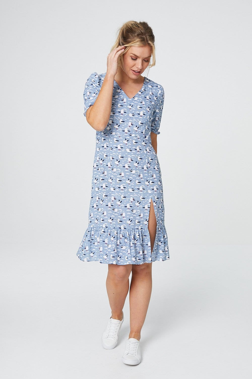 Blue | Bird Print Short Sleeve Tea Dress
