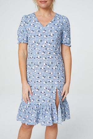 Blue | Bird Print Short Sleeve Tea Dress