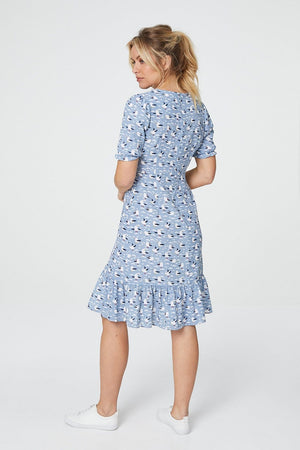 Blue | Bird Print Short Sleeve Tea Dress