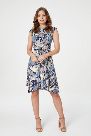 Blue | Floral Knot Front Fit & Flare Dress