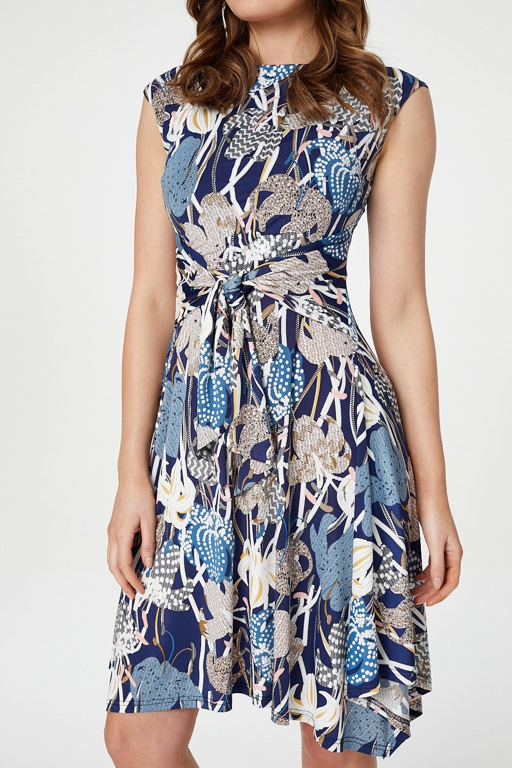 Blue | Floral Knot Front Fit & Flare Dress