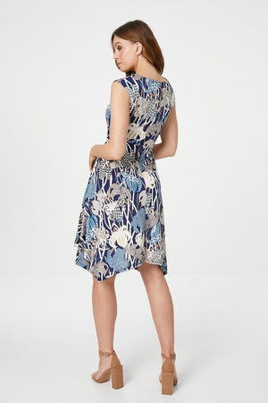 Blue | Floral Knot Front Fit & Flare Dress