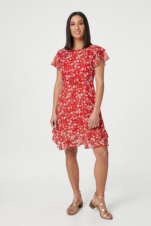 Red | Ditsy Floral Frilled Sleeve Dress