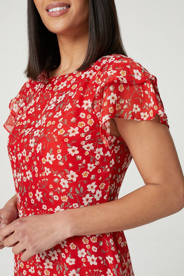 Red | Ditsy Floral Frilled Sleeve Dress