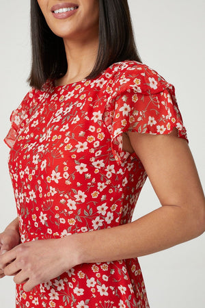 Red | Ditsy Floral Frilled Sleeve Dress