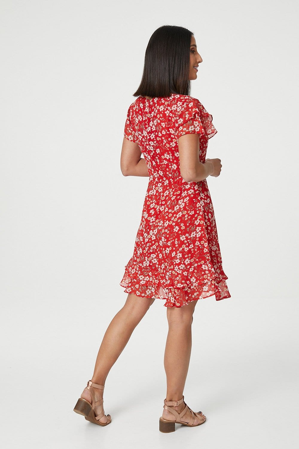Red | Ditsy Floral Frilled Sleeve Dress