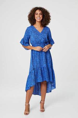 Blue | Ditsy Print Wrap Front Midi Dress