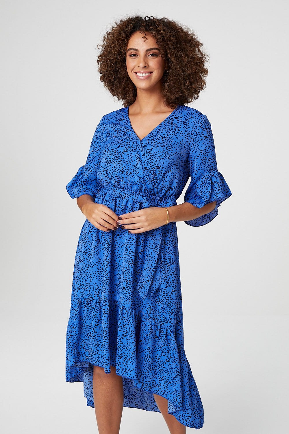 Blue | Ditsy Print Wrap Front Midi Dress