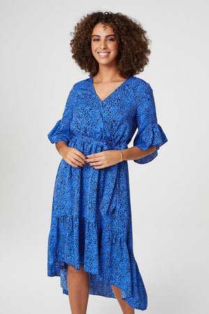 Blue | Ditsy Print Wrap Front Midi Dress
