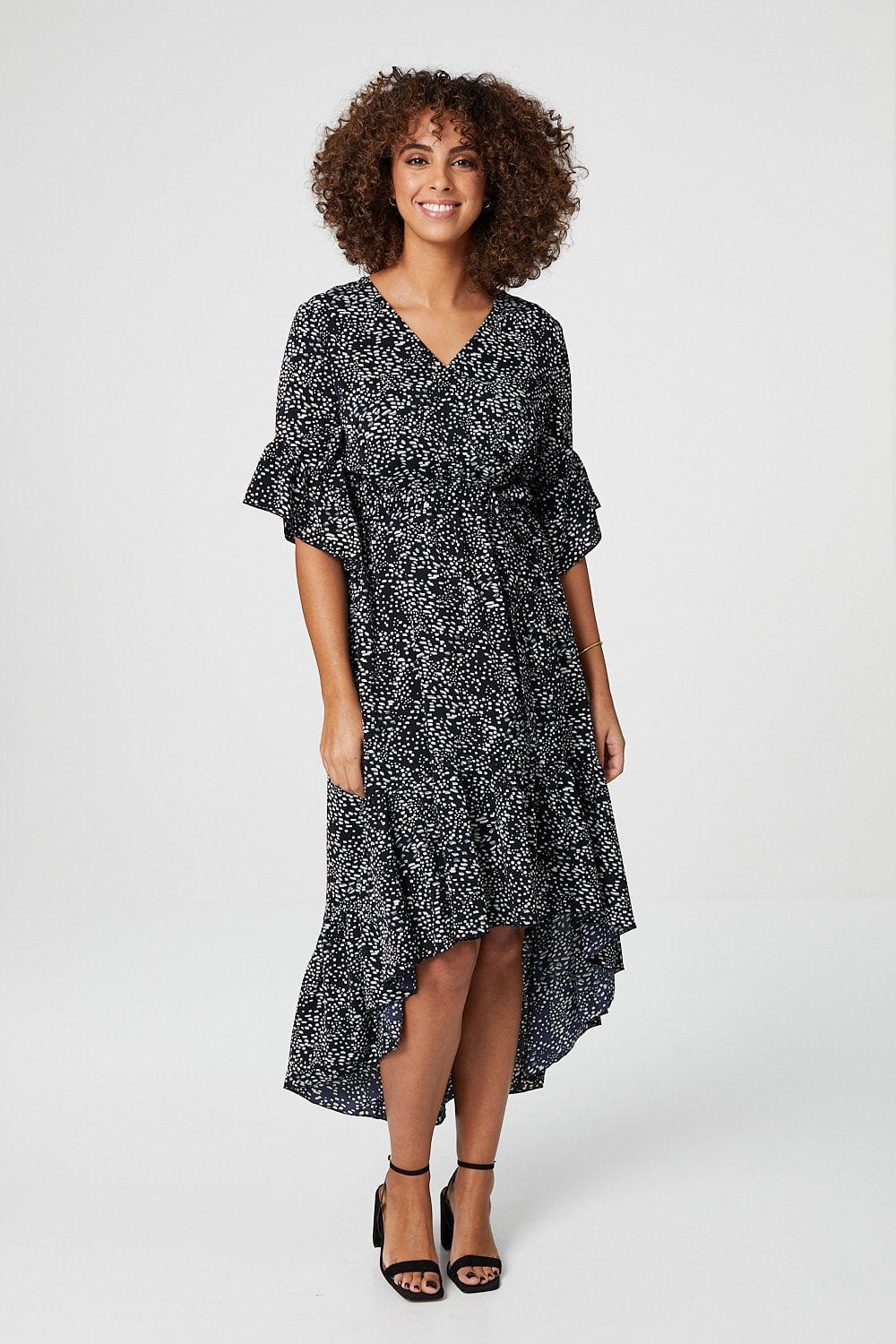 Navy | Ditsy Print Wrap Front Midi Dress