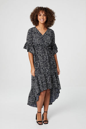 Navy | Ditsy Print Wrap Front Midi Dress