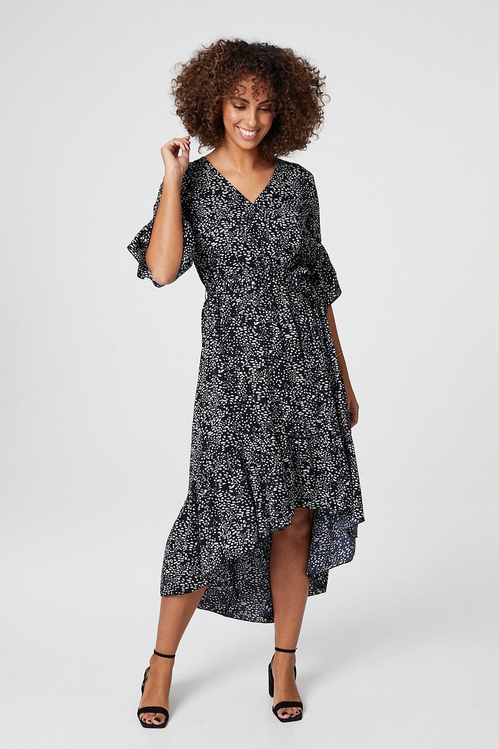 Navy | Ditsy Print Wrap Front Midi Dress