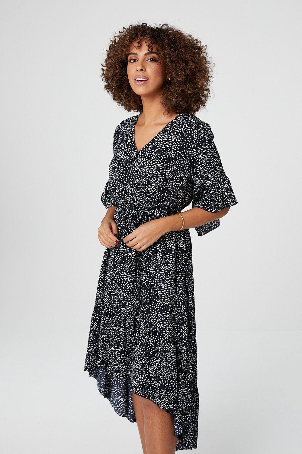 Navy | Ditsy Print Wrap Front Midi Dress