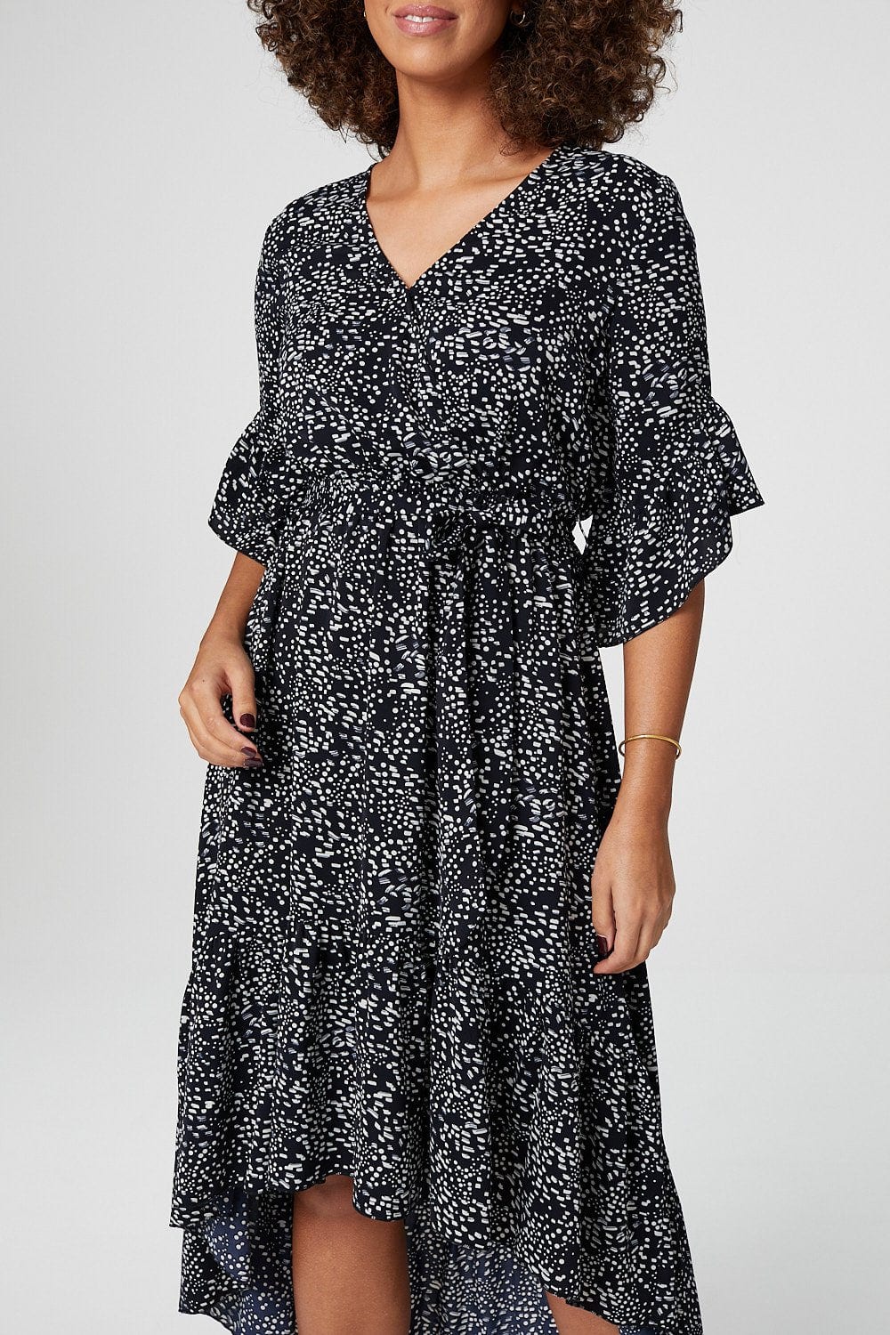 Navy | Ditsy Print Wrap Front Midi Dress