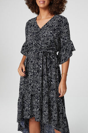 Navy | Ditsy Print Wrap Front Midi Dress