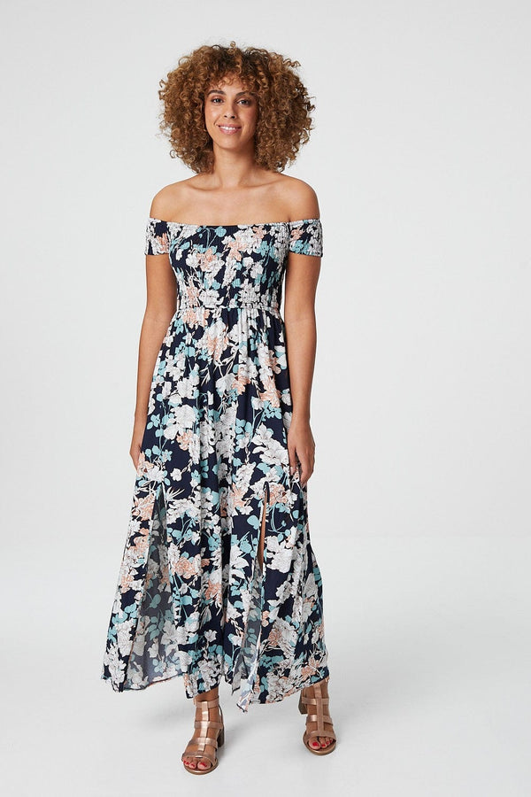 Navy | Floral Bardot Shirred Maxi Dress