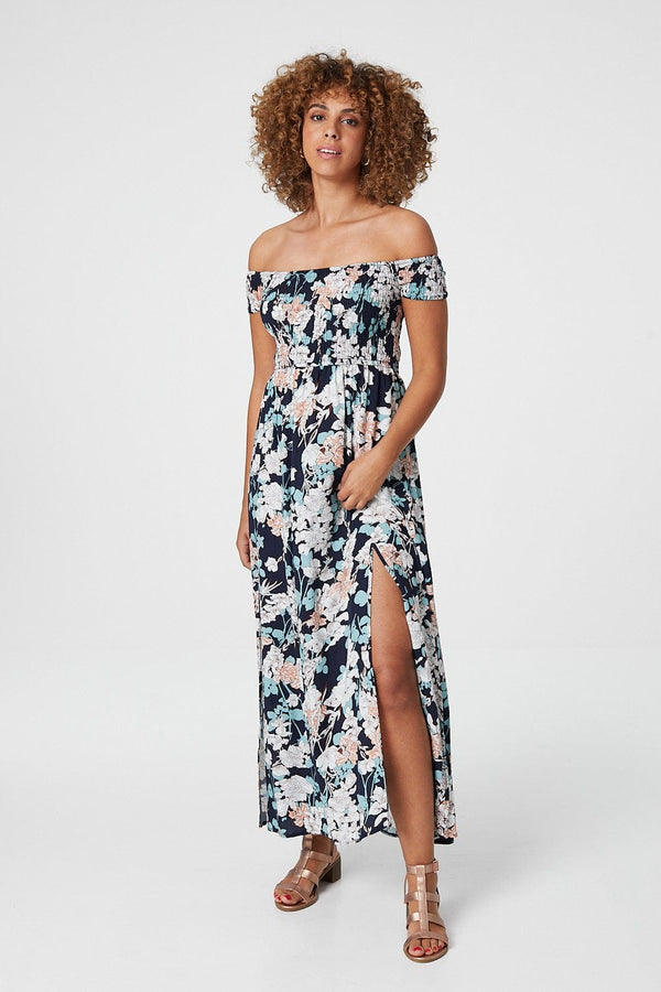 Navy | Floral Bardot Shirred Maxi Dress