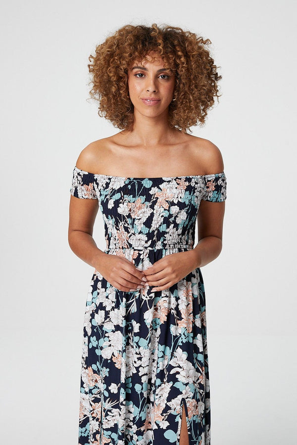 Navy | Floral Bardot Shirred Maxi Dress