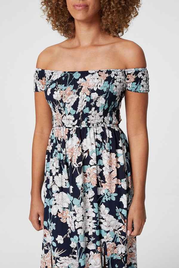 Navy | Floral Bardot Shirred Maxi Dress