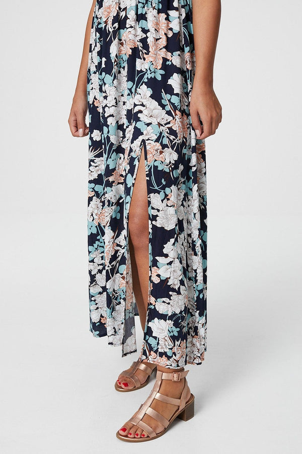 Navy | Floral Bardot Shirred Maxi Dress
