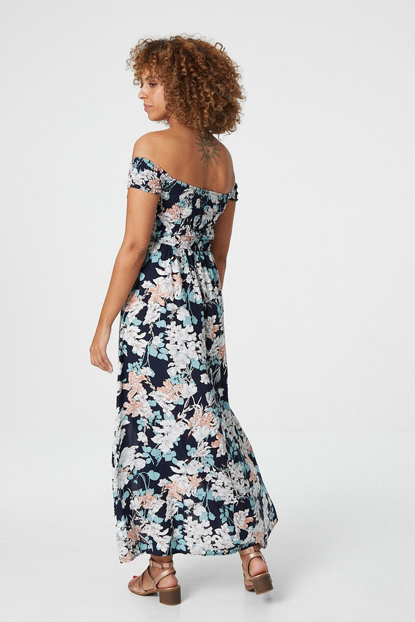 Navy | Floral Bardot Shirred Maxi Dress