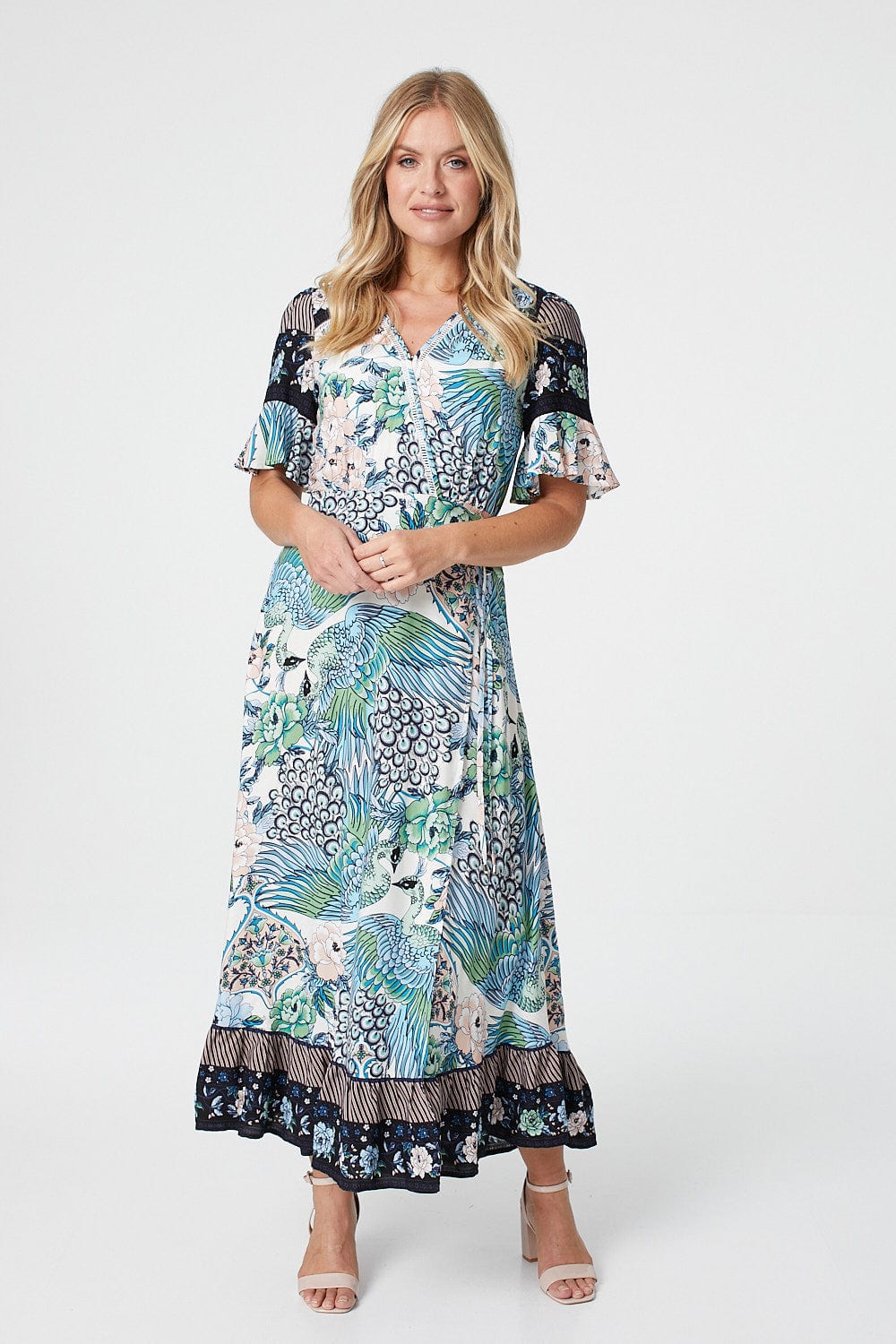 Navy | Peacock Print Wrap Midi Dress