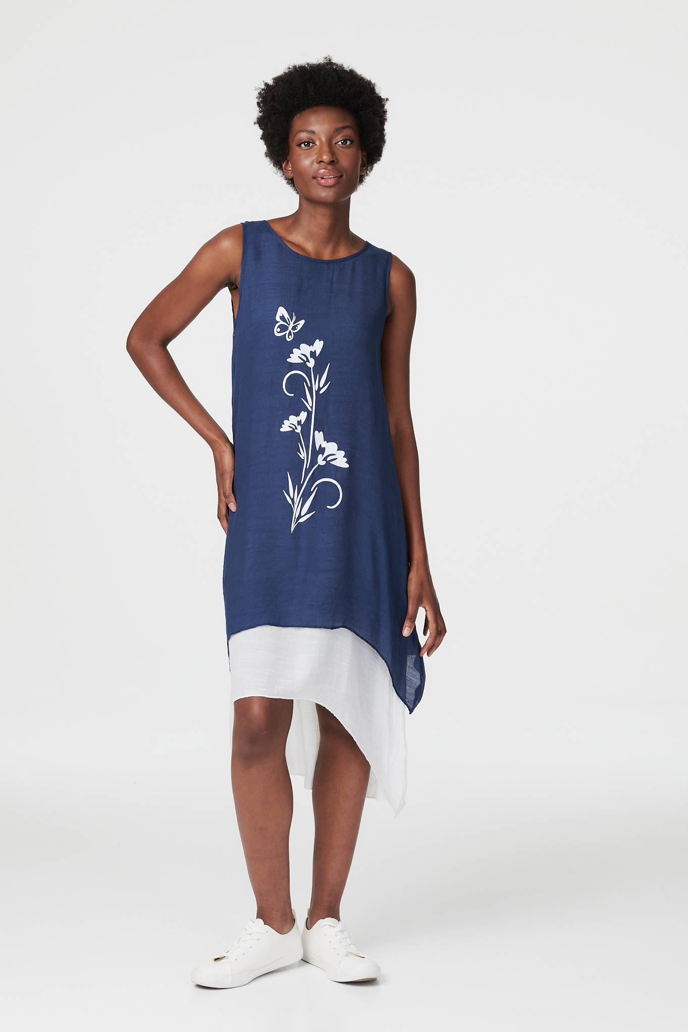 Navy | Floral Motif Sleeveless Tunic Dress