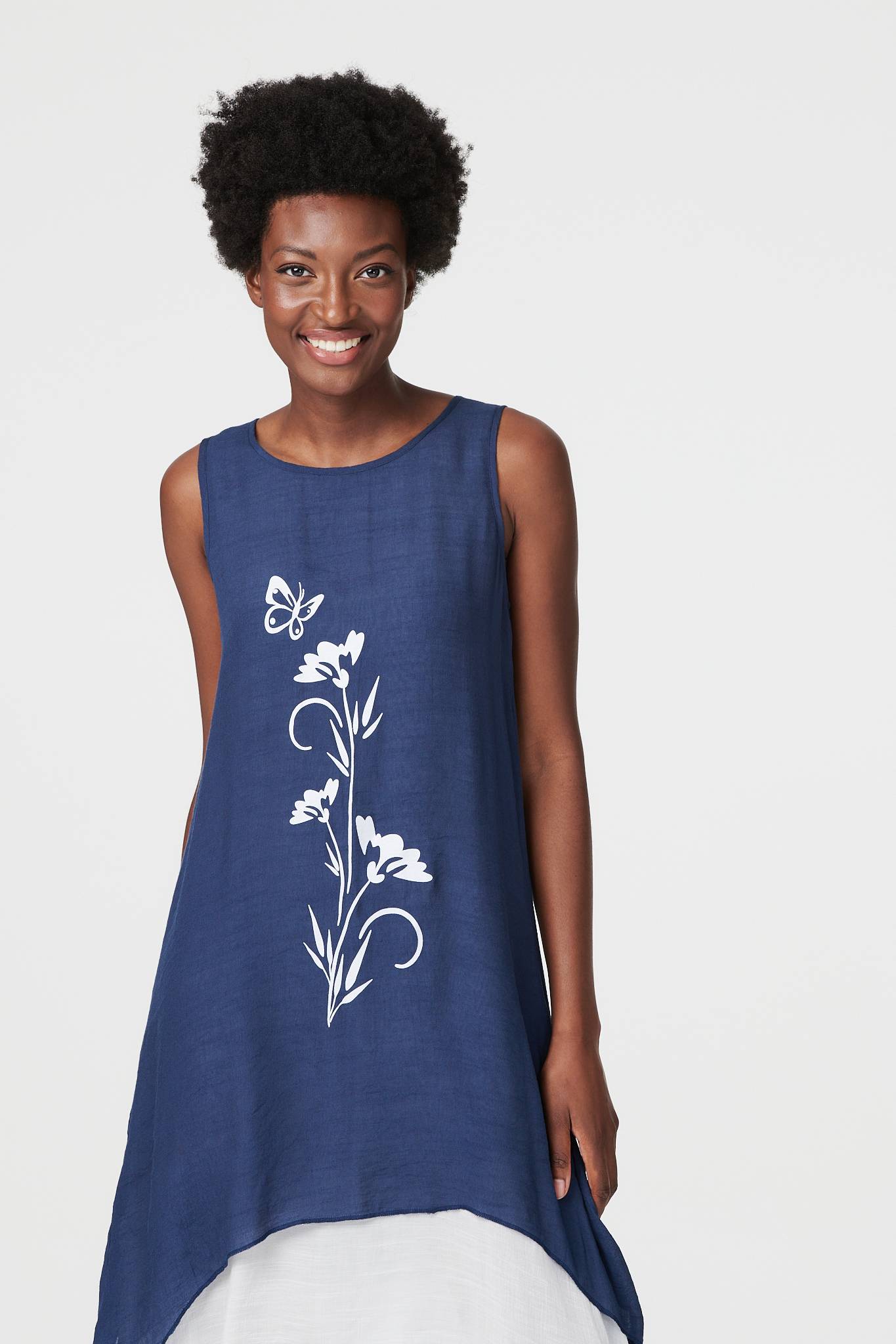 Navy | Floral Motif Sleeveless Tunic Dress