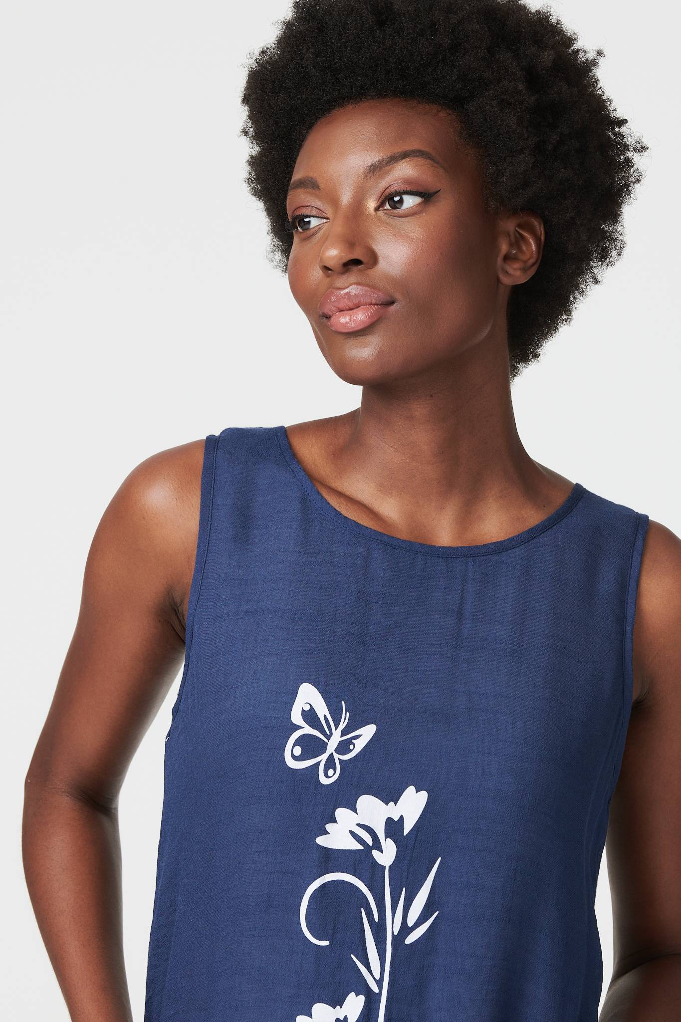 Navy | Floral Motif Sleeveless Tunic Dress