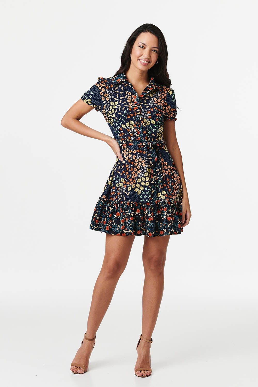 Navy | Floral Mini Tiered Shirt Dress